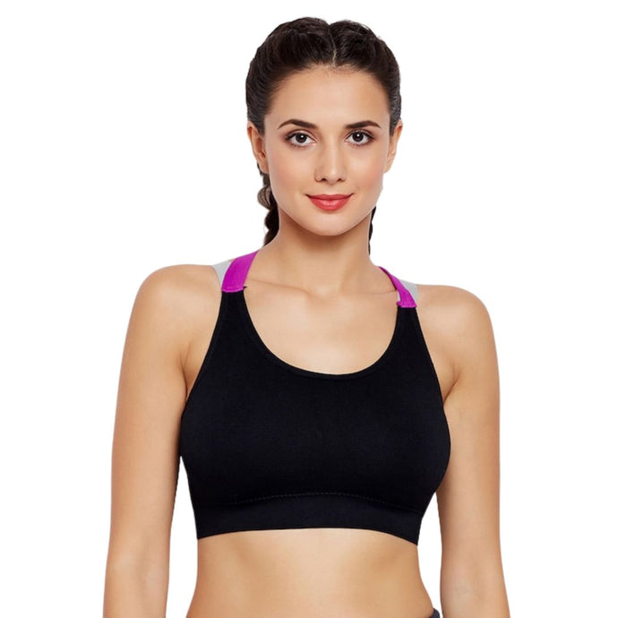 Deevaz Medium Impact Padded Non-Wired Sports Bra In Black Color With Lavender Cross Back Strap Detailing.