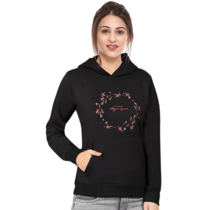 Women Hoodie Printed Fleece Sweatshirt for Winter wear in Black Color