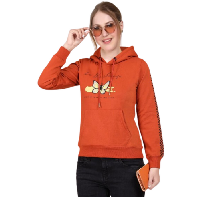 Women Hoodie Printed Fleece Sweatshirt for Winter wear in Orange Color