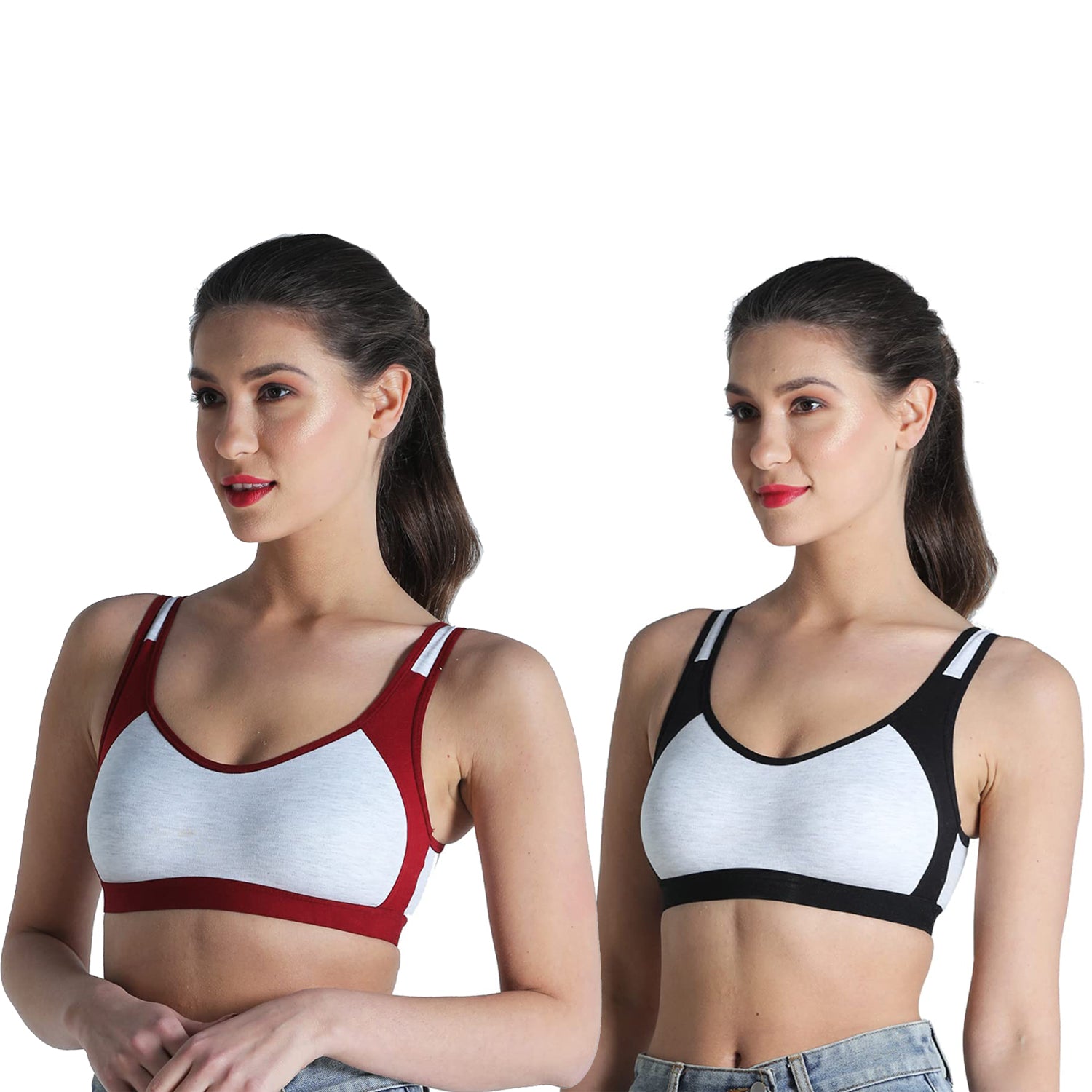 Deevaz Combo of 2 Non-Padded Cotton Rich Sports Bra In Burgundy & Black  Colour Detailing.