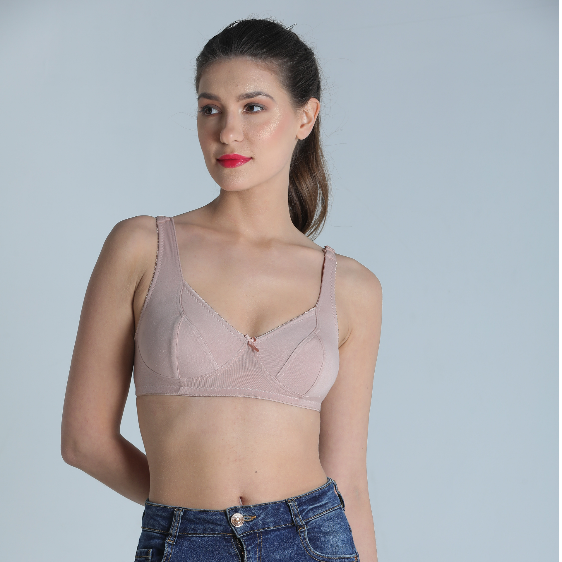 Buy Non-Padded Non Wired Full Figure Bra in Nude - Cotton & Lace