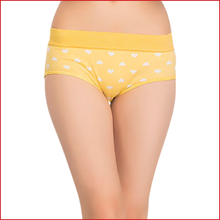 Load image into Gallery viewer, Deevaz Cotton Rich High Waist Heart Print Hipster Panty Combo of 3 in Pink, Yellow &amp; Purple