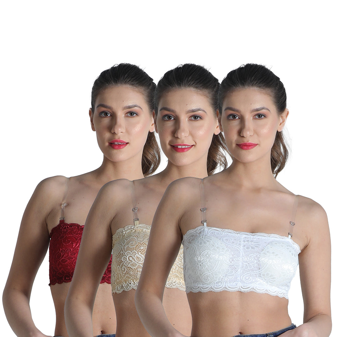 Deevaz White Padded Tube Bra In Poly-Lace Fabric With Removable Transparent  Straps.