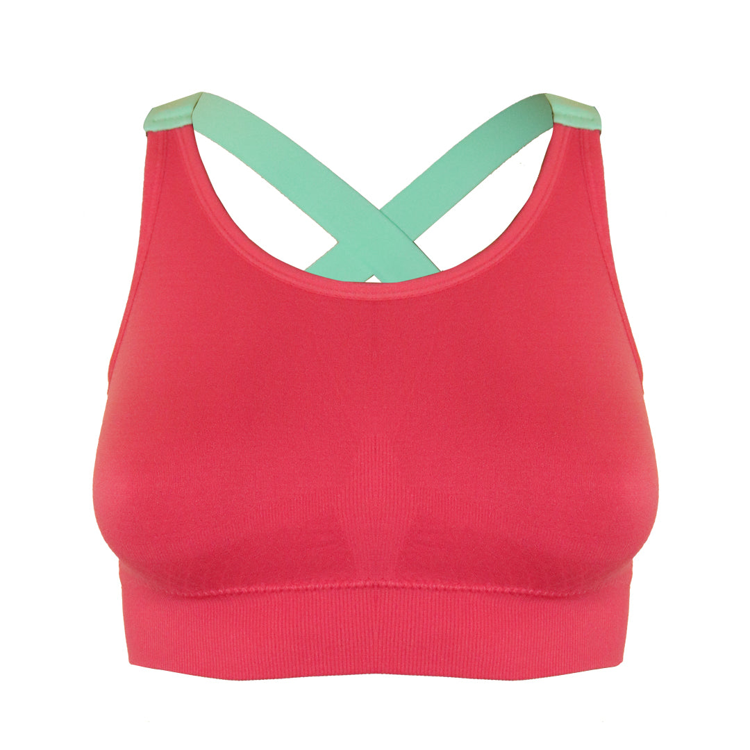 Deevaz Medium Impact Padded non-wired Sports Bra in Carrot Pink Colour with  Neon Cross back strap detailing.