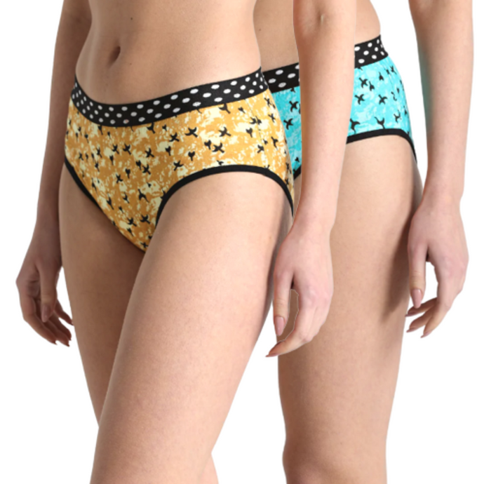 Deevaz Cotton Rich Mid Waist Bird Printed Hipster Panty Combo of 2 in Yellow & Green.