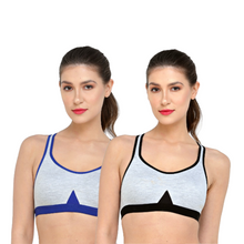 Load image into Gallery viewer, Deevaz Combo of 2 Non-Padded Cotton Rich cross back Sports Bra In Blue &amp; Black Melange Colour Detailing.