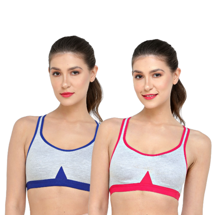 Deevaz Combo of 2 Non-Padded Cotton Rich cross back Sports Bra In Hot-pink & Blue.