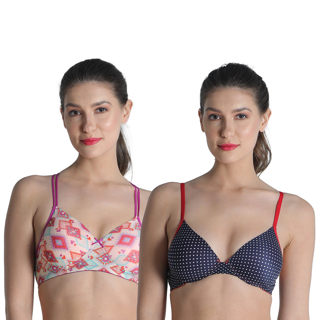 Deevaz Combo Of 2 Padded Printed Non-Wired Push Up Bra In Blue