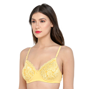 Deevaz Combo of 2 Non-Wired Padded Full Coverage Bra In Pink & Yellow Colour with lace detailing.