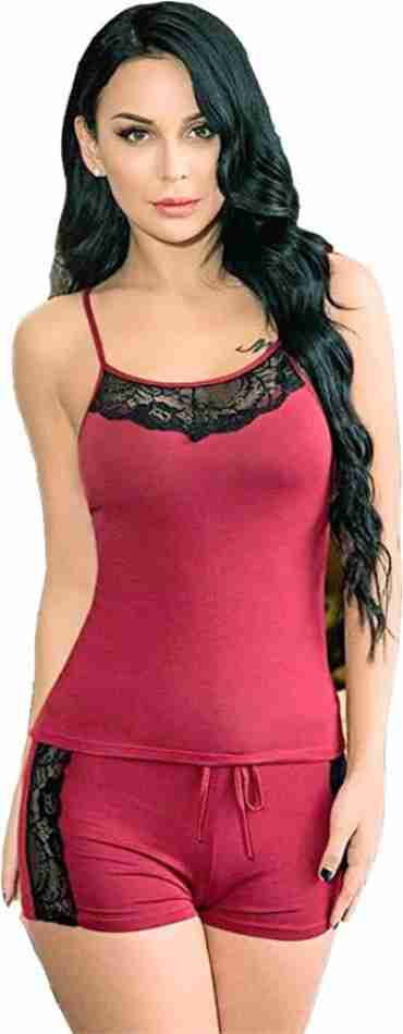 Deevaz Free Size Non-padded Camisole & Panty shorts Lingerie Set in Re –